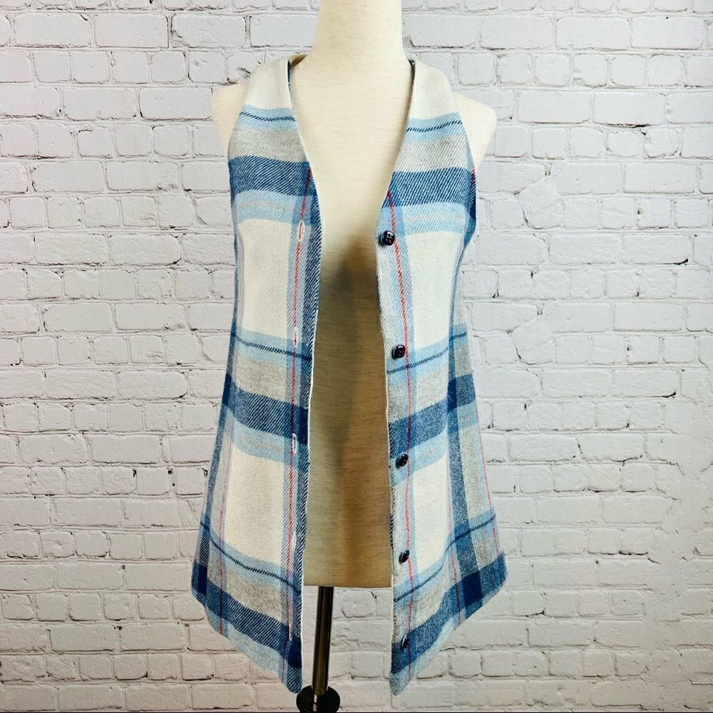 Vintage 60s Handmade Blue Flannel Wool Plaid Button Front Vest - Picture 2 of 8